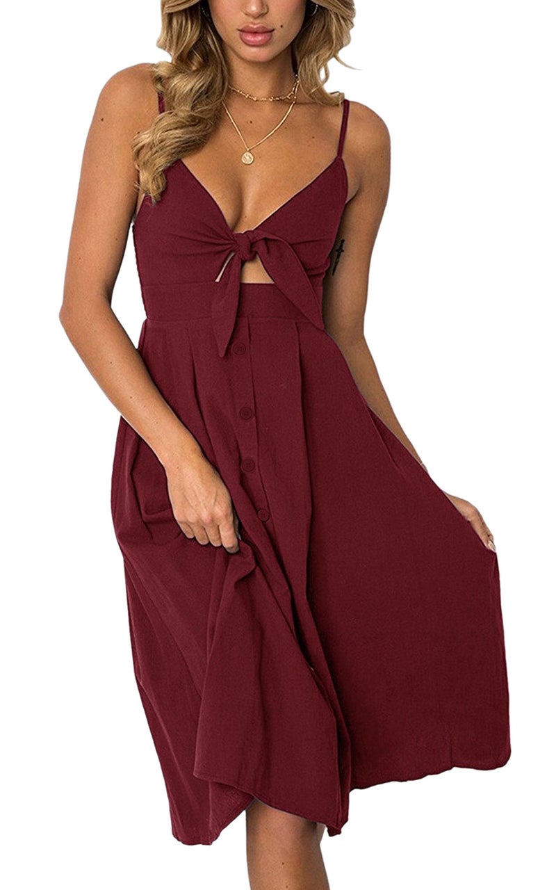ECOWISH Women 2024 Summer Dresses Tie Front V-Neck Spaghetti Strap Button Down A-Line Backless Swing Midi Dress 572 Wine Red S - Image 1